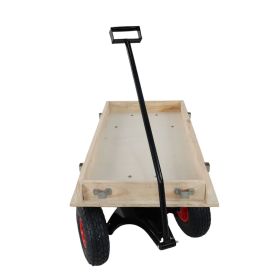 Red Wooden Wagon Cart with Folding Handle, Heavy Duty All-Terrain Kids Wagon for Outdoor, Garden, Camping