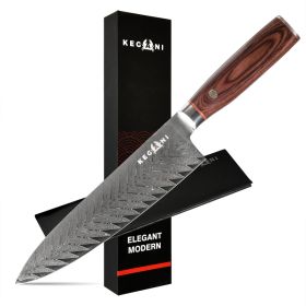 Kegani 8 Inch Damascus Chef Knife 67 Layers 10Cr15CoMoV Japanese Knife Hammered Texture Damascus Knife - FullTang Wood Handle Chefs Knife With Gi (Option: Feather Texture)