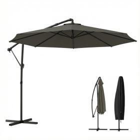 10 ft Offset Patio Umbrella with Cover, Hanging Cantilever Umbrella with 360° Rotation, Crank Handle, Tilt Grayish Brown (Option: Tan-1190x360x170 mm)
